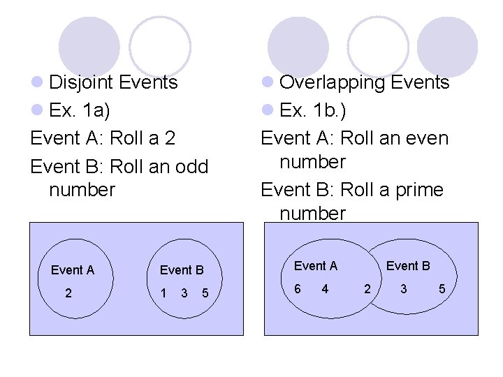  l Disjoint Events l Ex. 1 a) Event A: Roll a 2 Event