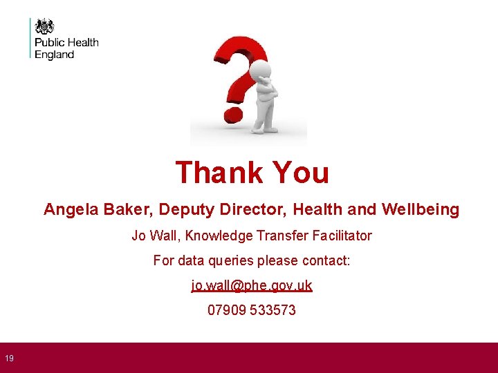 Thank You Angela Baker, Deputy Director, Health and Wellbeing Jo Wall, Knowledge Transfer Facilitator