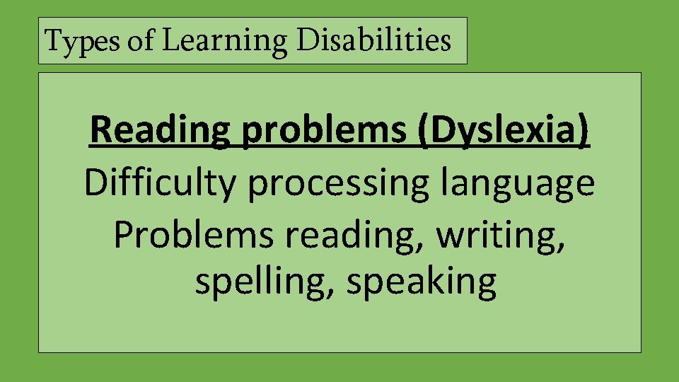 Types of Learning Disabilities Reading problems (Dyslexia) Difficulty processing language Problems reading, writing, spelling,