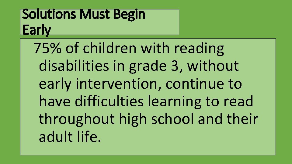 Solutions Must Begin Early 75% of children with reading disabilities in grade 3, without