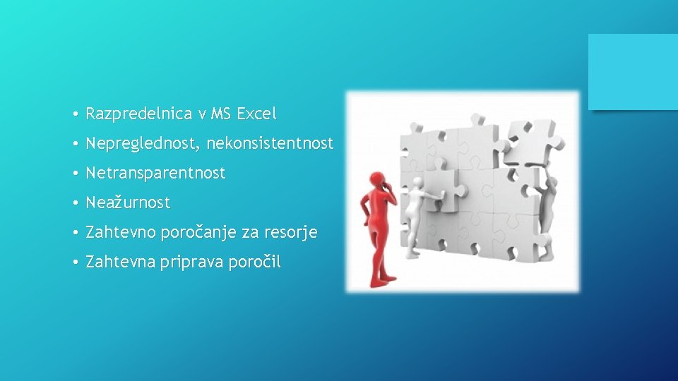  • Razpredelnica v MS Excel • Nepreglednost, nekonsistentnost • Netransparentnost • Neažurnost •