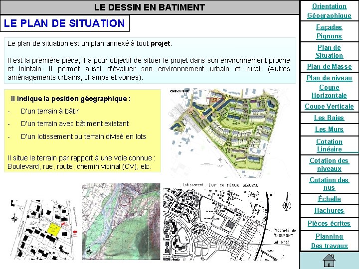 LE DESSIN EN BATIMENT LE PLAN DE SITUATION Le plan de situation est un