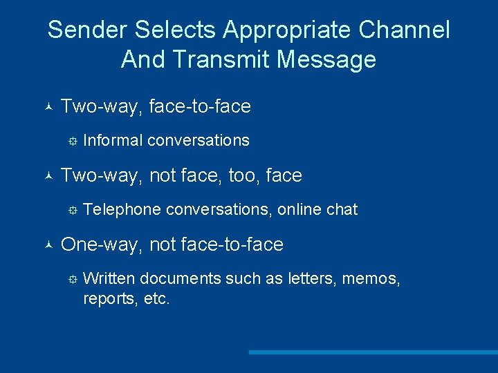 Sender Selects Appropriate Channel And Transmit Message © Two-way, face-to-face ° © Two-way, not