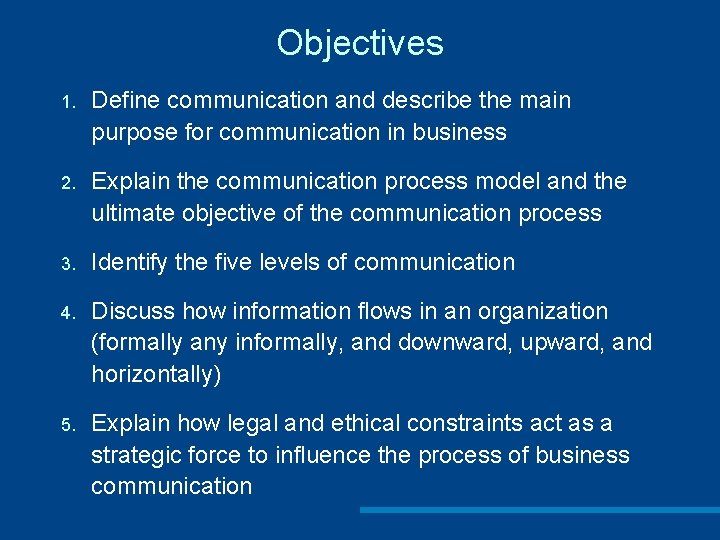 Objectives 1. Define communication and describe the main purpose for communication in business 2.