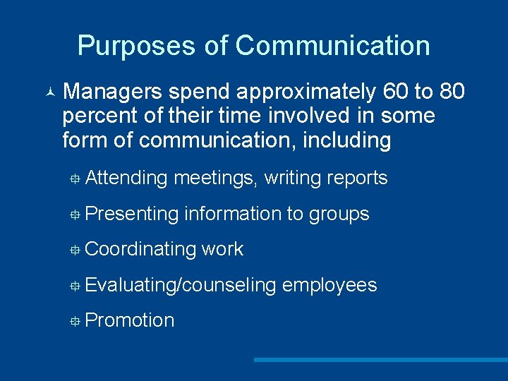 Purposes of Communication © Managers spend approximately 60 to 80 percent of their time