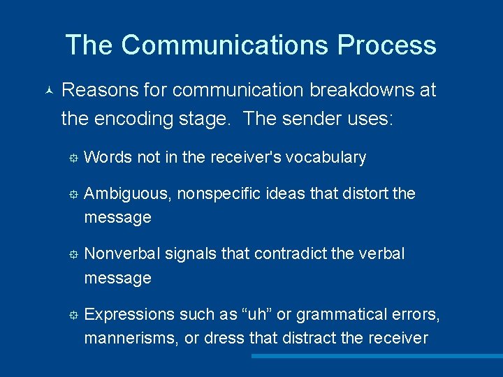 The Communications Process © Reasons for communication breakdowns at the encoding stage. The sender
