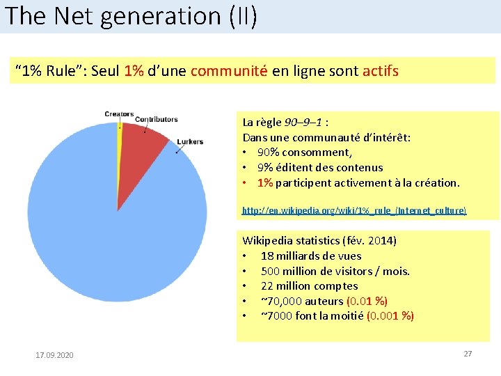 The Net generation (II) “ 1% Rule”: Seul 1% d’une communité en ligne sont