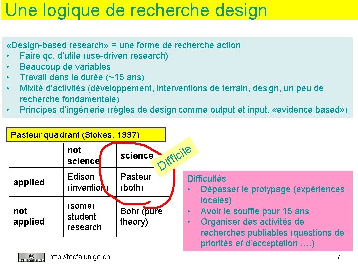 Une logique de recherche design «Design-based research» = une forme de recherche action •