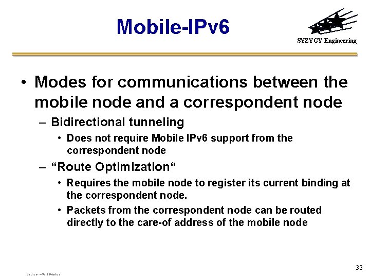 Mobile-IPv 6 SYZYGY Engineering • Modes for communications between the mobile node and a