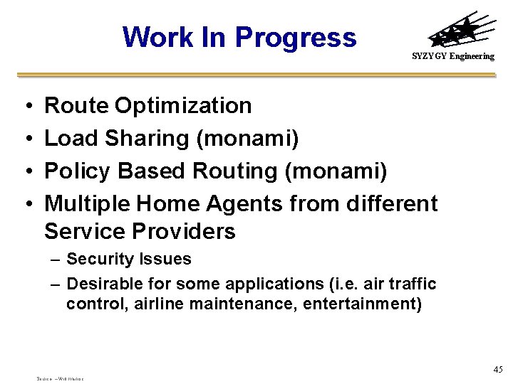 Work In Progress • • SYZYGY Engineering Route Optimization Load Sharing (monami) Policy Based