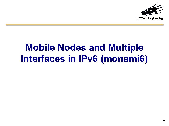 SYZYGY Engineering Mobile Nodes and Multiple Interfaces in IPv 6 (monami 6) 47 