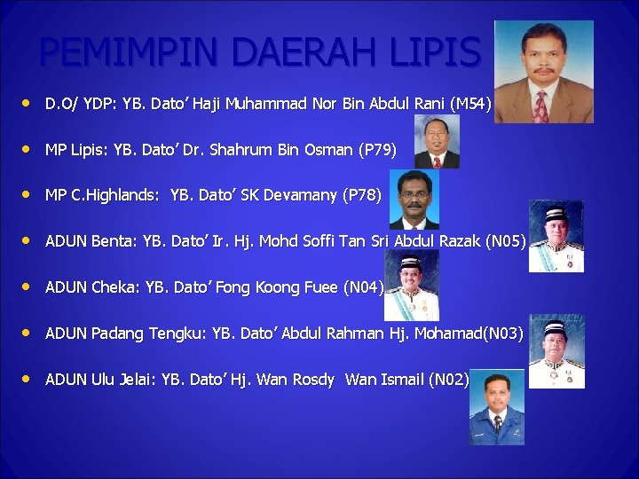 PEMIMPIN DAERAH LIPIS • D. O/ YDP: YB. Dato’ Haji Muhammad Nor Bin Abdul