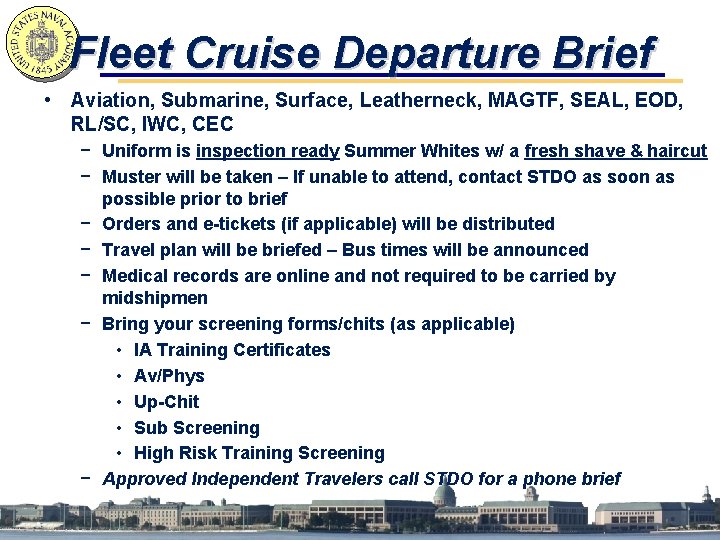 Fleet Cruise Departure Brief • Aviation, Submarine, Surface, Leatherneck, MAGTF, SEAL, EOD, RL/SC, IWC,