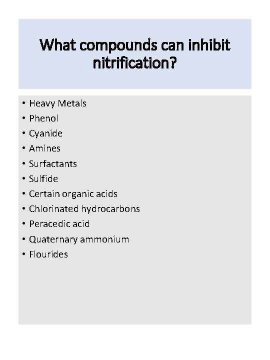What compounds can inhibit nitrification? • Heavy Metals • Phenol • Cyanide • Amines