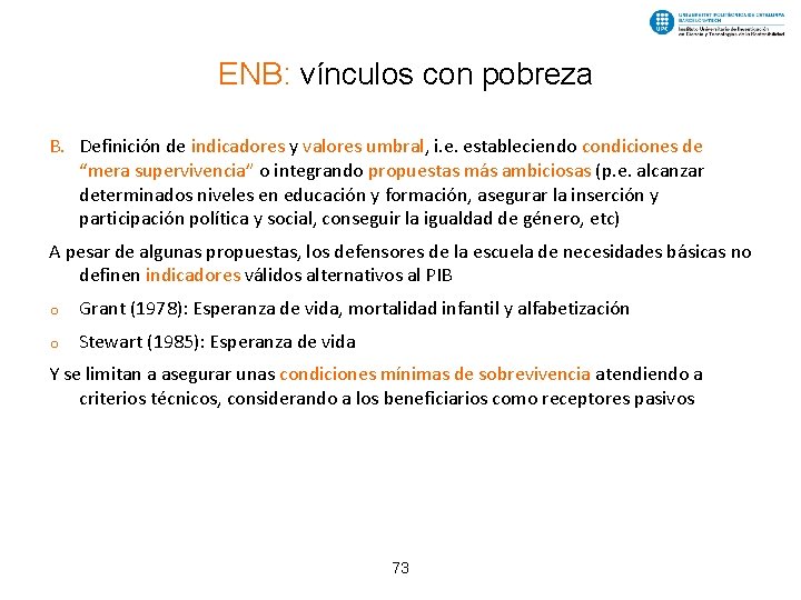 ENB: vínculos con pobreza B. Definición de indicadores y valores umbral, i. e. estableciendo