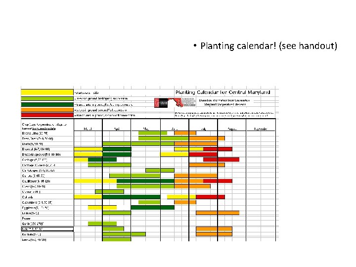  • Planting calendar! (see handout) 