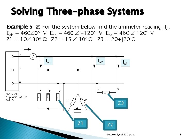 Solving Three-phase Systems Example 5 -2: For the system below find the ammeter reading,