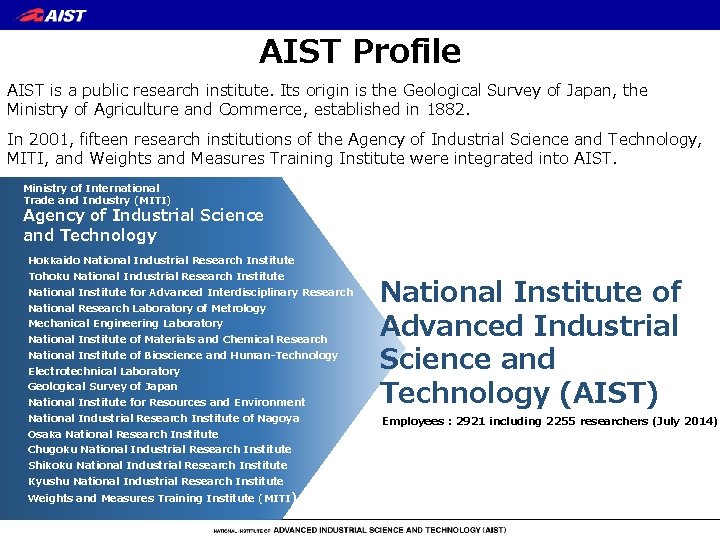 AIST Profile AIST is a public research institute. Its origin is the Geological Survey