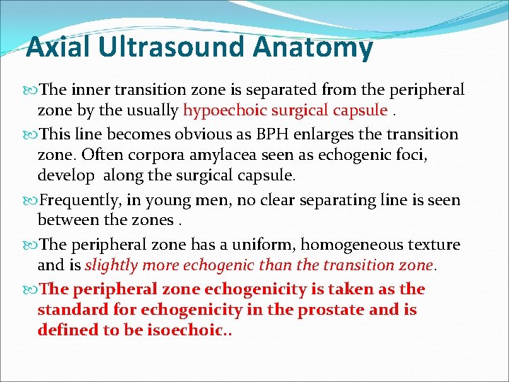 Axial Ultrasound Anatomy The inner transition zone is separated from the peripheral zone by