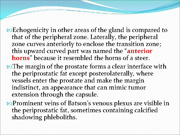  Echogenicity in other areas of the gland is compared to that of the