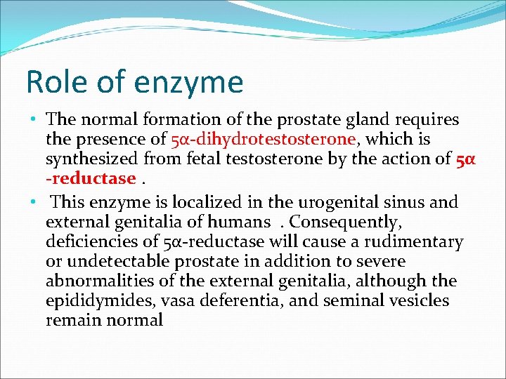 Role of enzyme • The normal formation of the prostate gland requires the presence