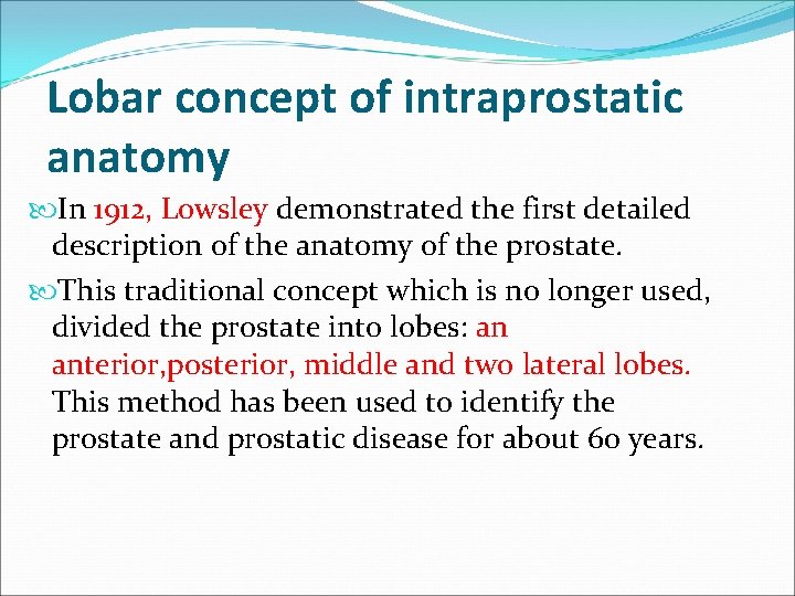 Lobar concept of intraprostatic anatomy In 1912, Lowsley demonstrated the first detailed description of