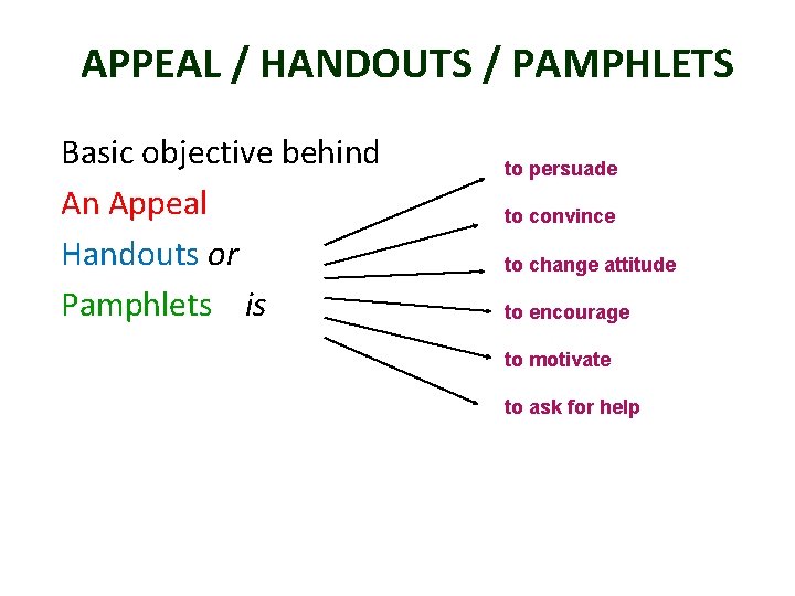 APPEAL / HANDOUTS / PAMPHLETS Basic objective behind An Appeal Handouts or Pamphlets is