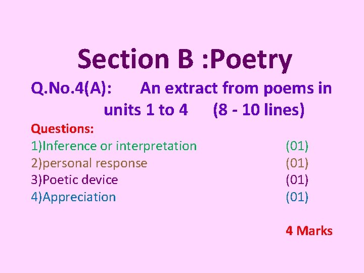 Section B : Poetry Q. No. 4(A): An extract from poems in units 1