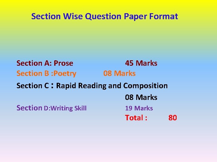 Section Wise Question Paper Format Section A: Prose 45 Marks Section B : Poetry