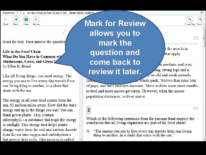 Mark for Review allows you to mark the question and come back to review