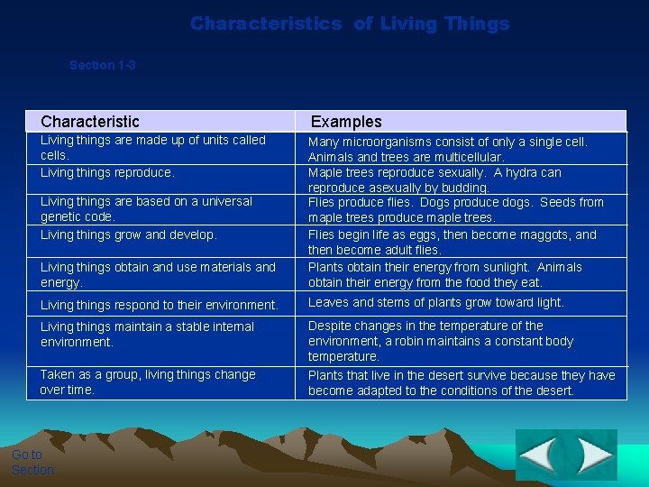 Characteristics of Living Things Section 1 -3 Characteristic Examples Living things are made up