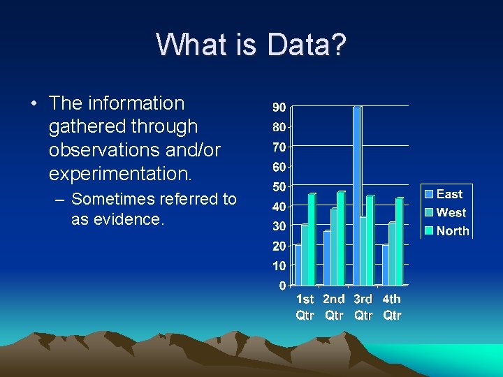 What is Data? • The information gathered through observations and/or experimentation. – Sometimes referred