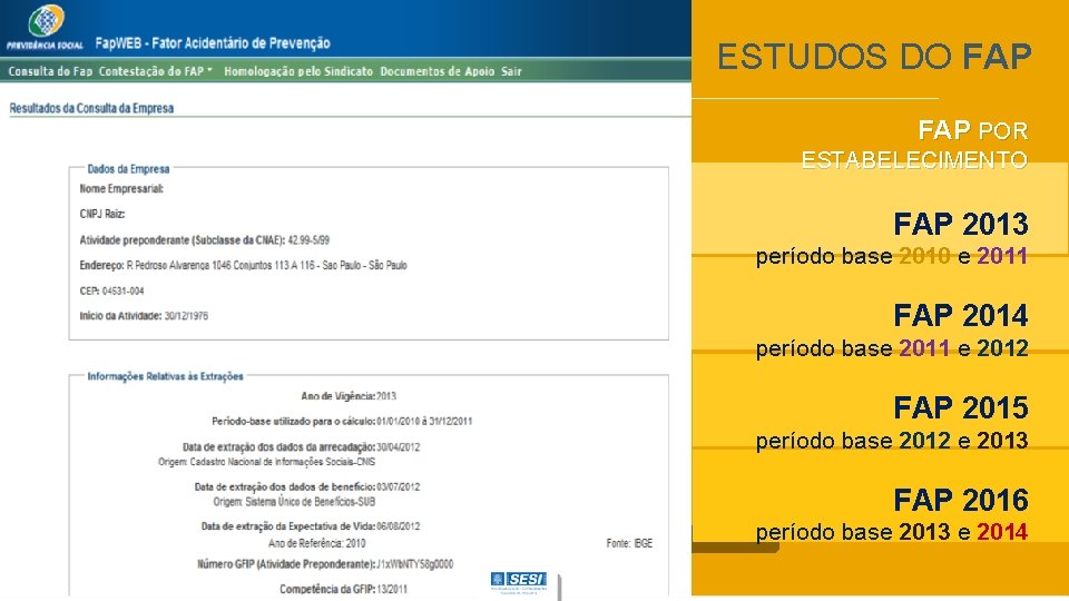 ESTUDOS DO FAP POR ESTABELECIMENTO FAP 2013 período base 2010 e 2011 FAP 2014