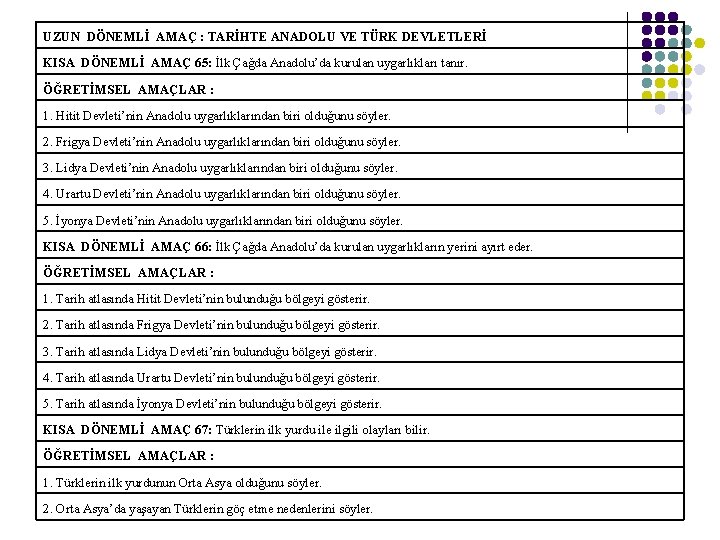 UZUN DÖNEMLİ AMAÇ : TARİHTE ANADOLU VE TÜRK DEVLETLERİ KISA DÖNEMLİ AMAÇ 65: İlk
