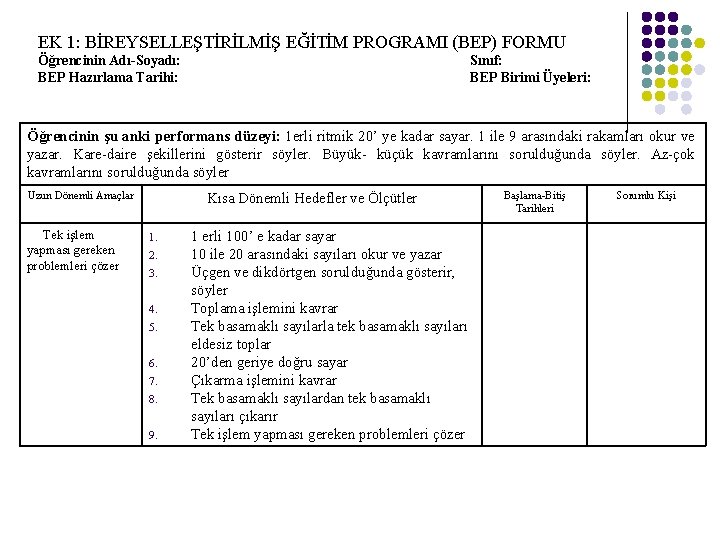 EK 1: BİREYSELLEŞTİRİLMİŞ EĞİTİM PROGRAMI (BEP) FORMU Öğrencinin Adı-Soyadı: BEP Hazırlama Tarihi: Sınıf: BEP