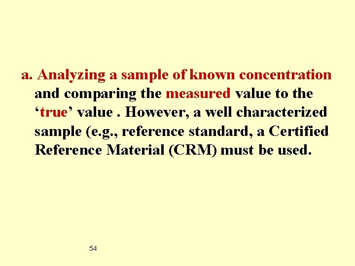 a. Analyzing a sample of known concentration and comparing the measured value to the