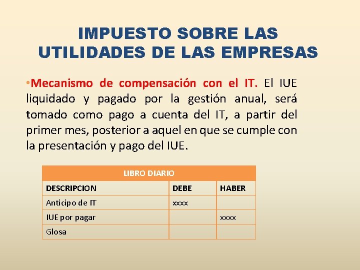 IMPUESTO SOBRE LAS UTILIDADES DE LAS EMPRESAS • Mecanismo de compensación con el IT.