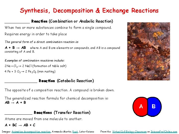 Synthesis, Decomposition & Exchange Reactions _____ Reaction (Combination or Anabolic Reaction) When two or