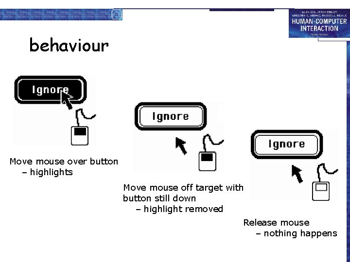 behaviour Move mouse over button – highlights Move mouse off target with button still
