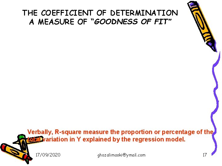 THE COEFFICIENT OF DETERMINATION A MEASURE OF “GOODNESS OF FIT” Verbally, R-square measure the