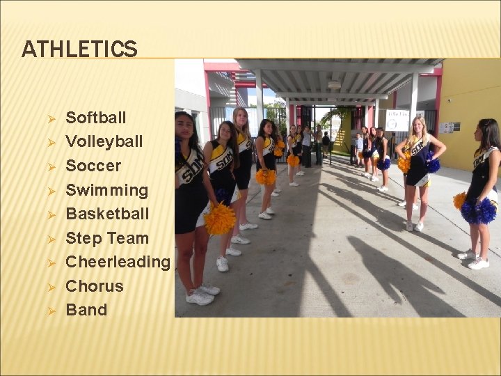 ATHLETICS Ø Ø Ø Ø Ø Softball Volleyball Soccer Swimming Basketball Step Team Cheerleading