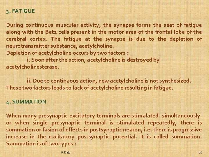 3. FATIGUE During continuous muscular activity, the synapse forms the seat of fatigue along