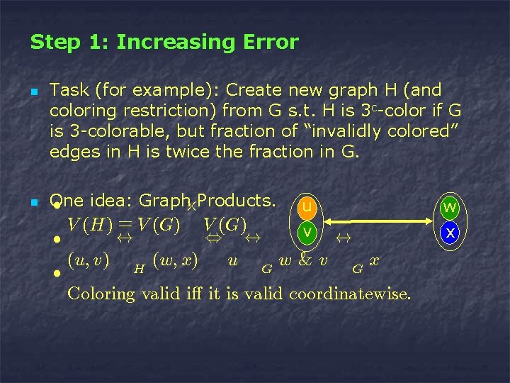 Step 1: Increasing Error n n Task (for example): Create new graph H (and