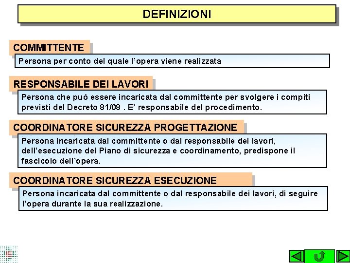 DEFINIZIONI COMMITTENTE Persona per conto del quale l’opera viene realizzata RESPONSABILE DEI LAVORI Persona