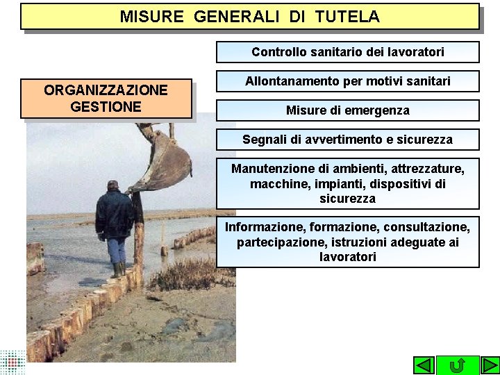 MISURE GENERALI DI TUTELA Controllo sanitario dei lavoratori ORGANIZZAZIONE GESTIONE Allontanamento per motivi sanitari