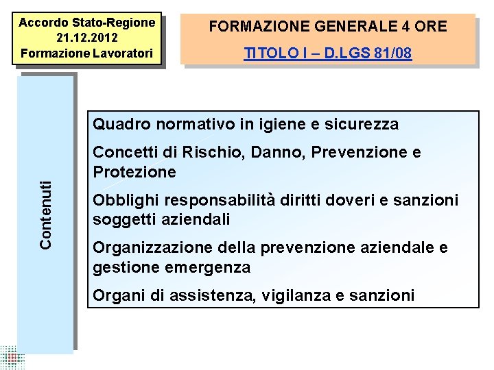 Accordo Stato-Regione 21. 12. 2012 Formazione Lavoratori FORMAZIONE GENERALE 4 ORE TITOLO I –