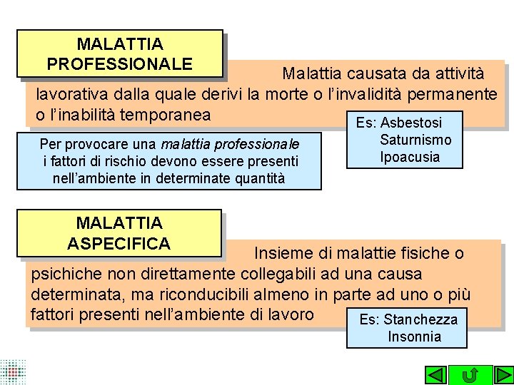 MALATTIA PROFESSIONALE Malattia causata da attività lavorativa dalla quale derivi la morte o l’invalidità