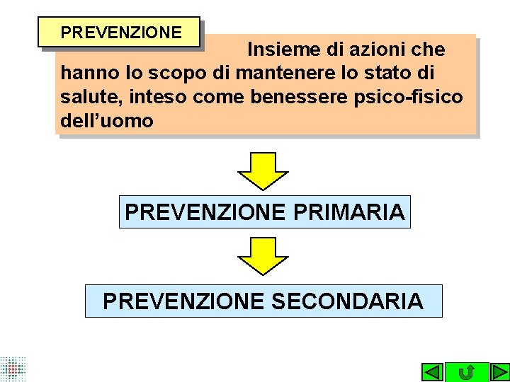 PREVENZIONE Insieme di azioni che hanno lo scopo di mantenere lo stato di salute,