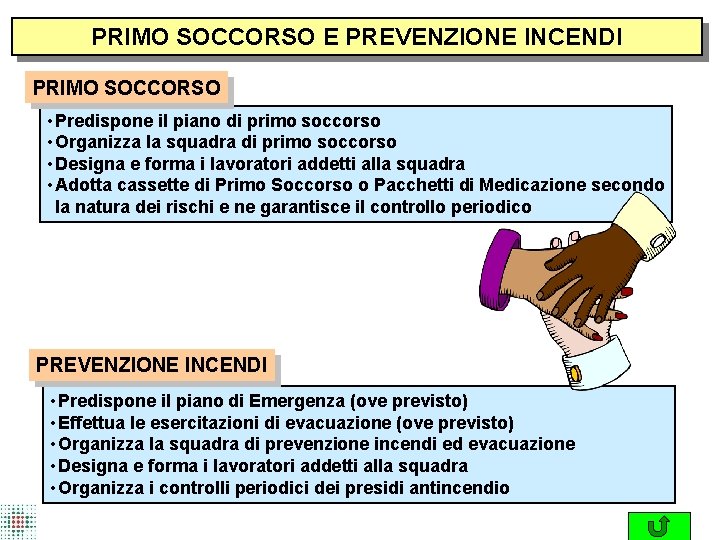 PRIMO SOCCORSO E PREVENZIONE INCENDI PRIMO SOCCORSO • Predispone il piano di primo soccorso