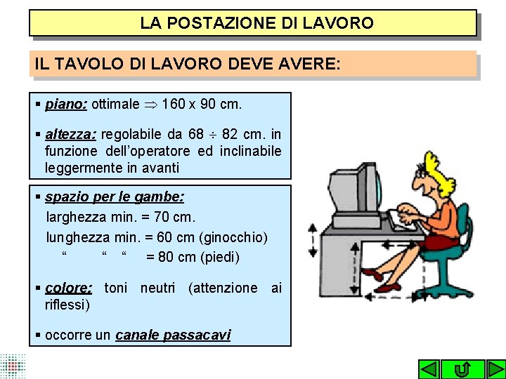  LA POSTAZIONE DI LAVORO IL TAVOLO DI LAVORO DEVE AVERE: § piano: ottimale